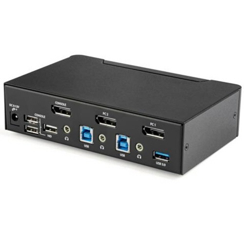 KVMスイッチ/2ポート/1画面　ブラック　1台 黒色のKVMスイッチが上面から見える状態、周囲にケーブル接続口が配置されている
