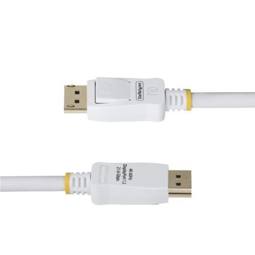DisplayPort　1.2ケーブル　3m　4K/60Hz　オス-オス　ホワイト　1本 はっきりとしたホワイトカラーのケーブルがフラットなデザインで横に広がっている様子