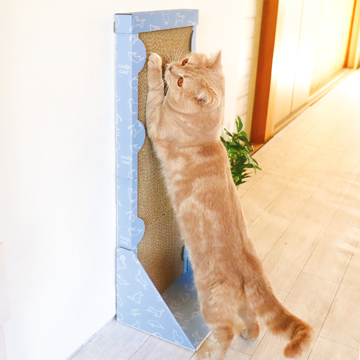 背中のびのび縦型爪とぎ テクスチャーの異なる素材が組み合わさった、背の高い縦型の爪とぎが立てかけられている様子