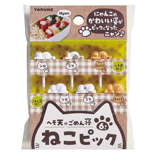 ピック　6本入　ねこピック 複数の猫モチーフがデザインされたピックが整然と並んでいる様子