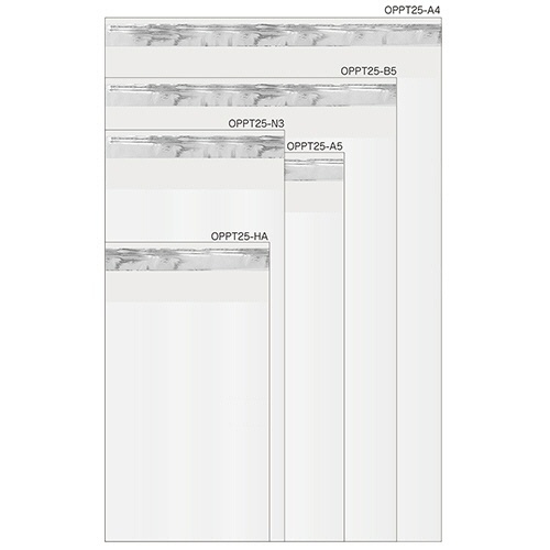OPP袋 テープ付 A4 225×310+40mm 0.025mm厚 1パック(100枚) 透明な袋が整然と並び、右上にテープ付きの仕様が強調されている様子