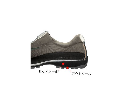 JIS規格認定  ラバー2層底安全靴 ラバーテック 静電 24.0cm 片足を横向きにして差し込んだ状態で、テクスチャが詳細に見える様子