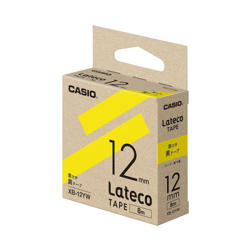 LATECO　黄色テープ　12mm　黒文字 黒と黄色のコントラストが鮮やかな細長いテープが見える状態