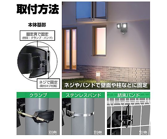 2灯 LEDセンサーライト(ソーラー充電式) 壁に取り付けられた、夜間に明るく光る2つのランプが並んでいる様子