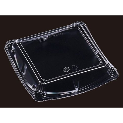 T-京角丼-25嵌合蓋(W) [ケース販売] 透明な蓋がかぶせられた重ねられた容器の横からのビュー
