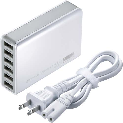 6ポートUSB充電器 合計最大出力10A ホワイト 白い本体に6つのUSBポートが整然と並ぶ様子