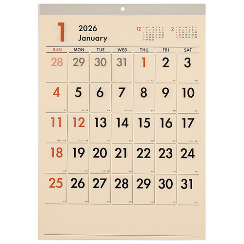壁掛けｶﾚﾝﾀﾞｰ 文字月表CY(ｸﾘｰﾑ地)/四六4切 2026年版 1冊画像
