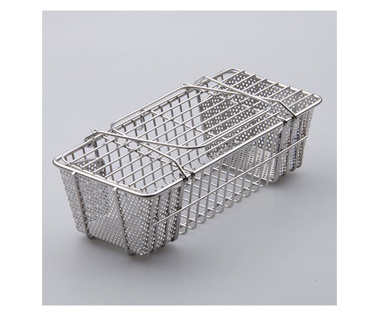 18-8箸消毒篭 中 220×100×H67mm 18cm用 光沢のある金属製の消毒篭が上から見える状態、内側の細かいメッシュが確認できる。