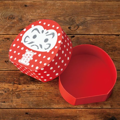 ギフト箱 エンギモノ貼箱-M ダルマ(4個) ヘッズ カラフルなダルマのデザインが施されたギフト箱が整列して並んでいる様子