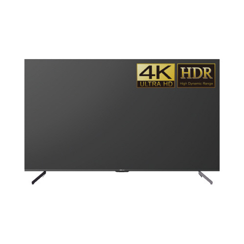43インチ 4K ディスプレイ 角度をつけて撮影されたディスプレイの前面、スタンドが付いた状態で表面のみが映っている。