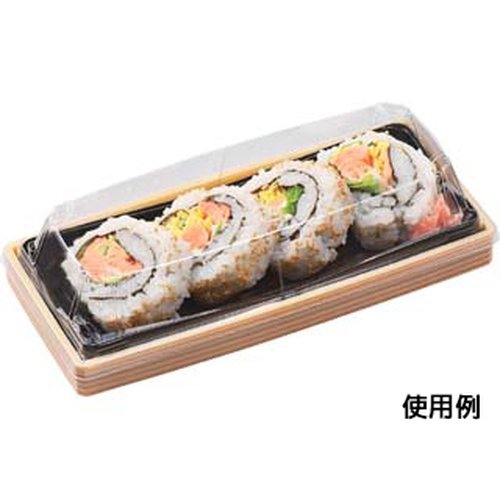 弁当容器 WUS-M1 本体 ベージュ柾目黒 エフピコ シンプルなデザインの容器が横向きに置かれ、中身の見える透明な蓋が特徴的。