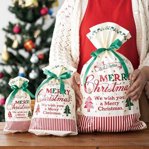 ポリ手提げ クラシカルクリスマス リボン付PEギフトバッグ-M(20枚) ヘッズ リボンが付いたギフトバッグが並んでいる様子
