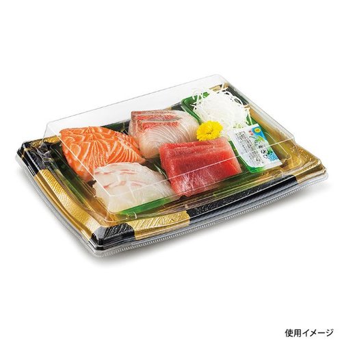 刺身容器 美鮮 30B つぎ金 リスパック 透明な容器に刺身が盛り付けられた状態
