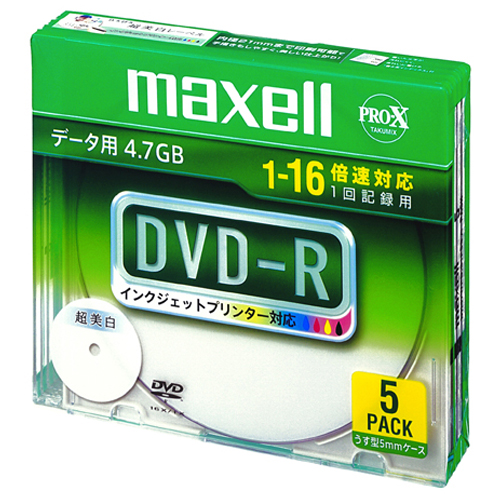 ﾃﾞｰﾀ用DVD-R 4.7GB 1-16倍速 ﾎﾜｲﾄﾜｲﾄﾞﾌﾟﾘﾝﾀﾌﾞﾙ 5mmｽﾘﾑｹｰｽ 1個(5枚)