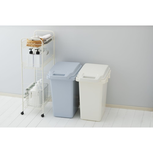 ゴミ箱 臭わない 防臭 パッキン付き 33L ふた付き 分別 アイボリー 白いふたがついた分別用ゴミ箱の側面と底部分の詳細が見える状態