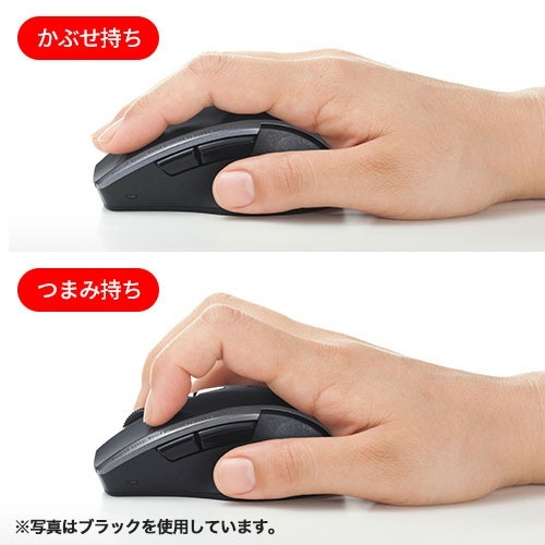 静音ワイヤレスブルーLEDマウス(5ボタン)　レッド　1個 赤いボディが際立つ5ボタンのワイヤレスマウスが正面から映され、光沢のある質感が見える状態