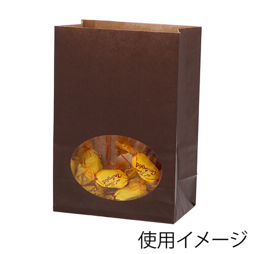 角底袋（窓付き・ブラウン・幅120×マチ65×高175mm) 正面を向いて自立する茶色い袋、中央に縦長の透明窓があり中身がうっすら見える様子