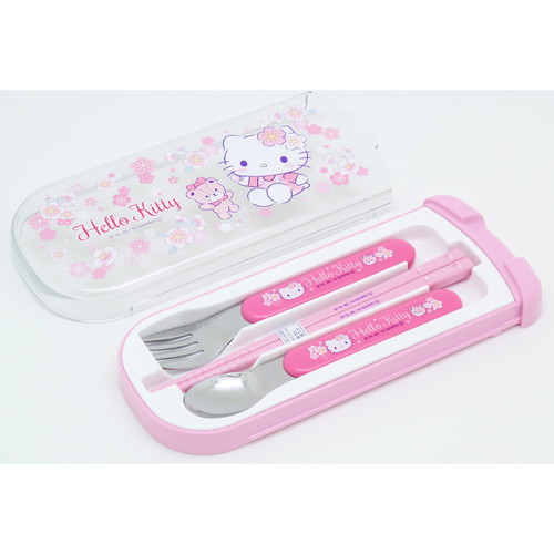 トリオセット　箸　スプーン　フォーク　ケース　ハローキティ　サクラ　16.5cm　子供 ケースに収められたカラフルな箸とスプーン、フォークのセット