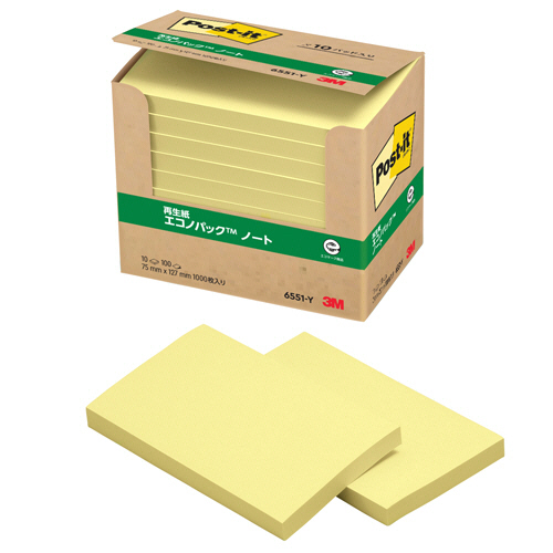 ﾎﾟｽﾄ･ｲｯﾄ ｴｺﾉﾊﾟｯｸ ﾉｰﾄ 再生紙 75×127mm ｲｴﾛｰ 1ﾊﾟｯｸ(10冊)画像