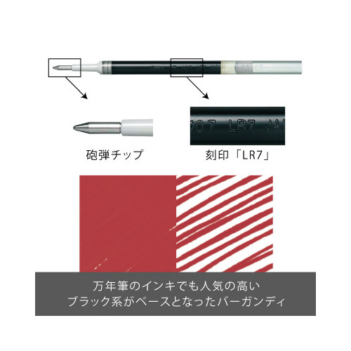 エナージェル用替芯　LR7　バーガンディ 透明なパッケージに、鮮やかなバーガンディ色の替芯が並ぶ様子