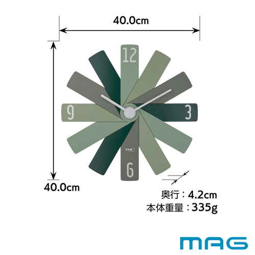 掛け時計　CLOCK　IN　THE　BOX　グリーン 緑色の時計が白い壁に掛かり、長針と短針がはっきりと見える状態