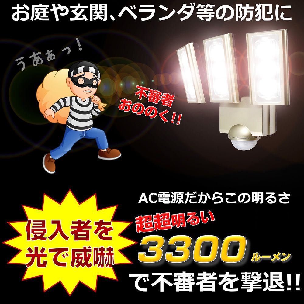 AC　センサーライト 明るく点灯しているセンサーライトの正面と側面が見える状態