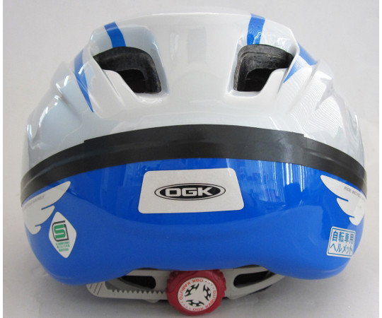 児童用自転車ヘルメット　ホワイト/ブルー つややかなホワイトとブルーのツートーンデザインのヘルメットが真上から見える状態