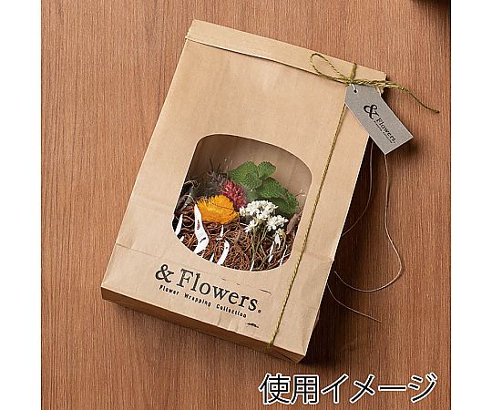 窓付角底袋ワイヤー付　15.5-7　未晒無地　内側前面ラミネート　10枚 透明な窓から中身が見える状態で、ワイヤー付きの袋が正面から撮影されている。