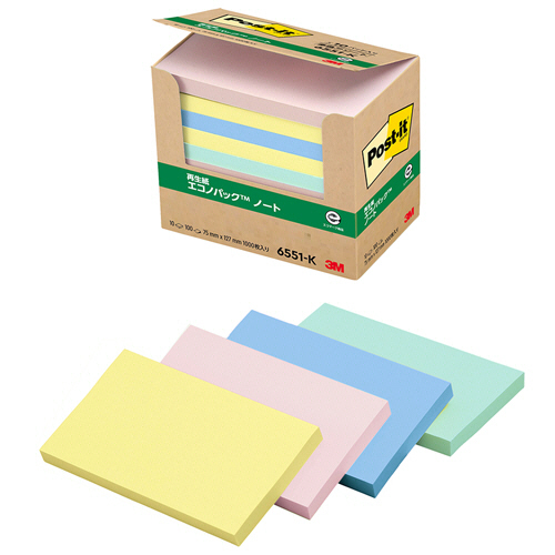 ﾎﾟｽﾄ･ｲｯﾄ ｴｺﾉﾊﾟｯｸ ﾉｰﾄ 再生紙 75×127mm 混色 1ﾊﾟｯｸ(10冊)画像