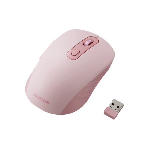 マウス Bt無線両対応 6ボタン 充電式 ピンク 左斜めから撮影されたデザイン性の高い充電式マウス、滑らかな表面とピンク色が際立つ。