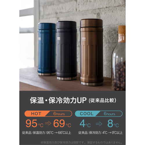 水筒　カフアコーヒーボトル2　ベージュ 淡いベージュのボトルが斜め上から見える状態、金属製のフタは少し開いた様子。