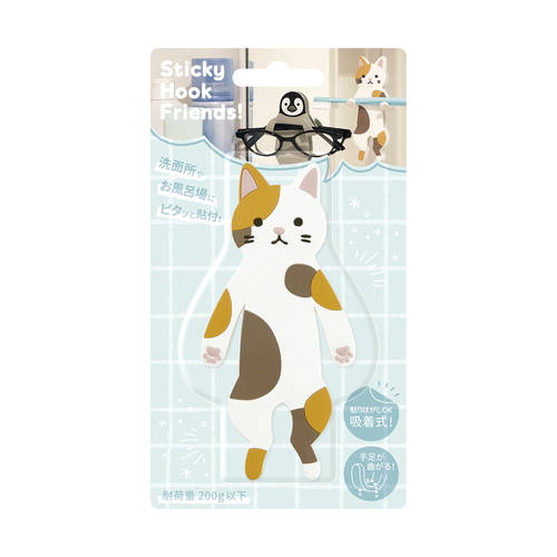 フック 吸着 スティッキーフレンズ アニマル かわいい はがせる 吸着式フック ミケネコ 茶色と白のまだら模様の猫型フックが壁に取り付けられ、丸い耳と顔が強調されている様子