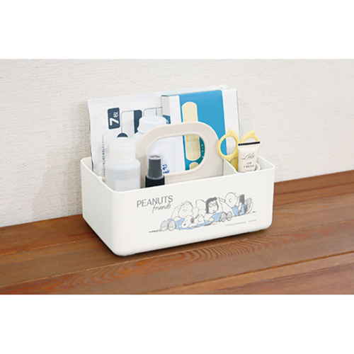 収納ボックス　ミニモッテケース　スヌーピー　小物入れ　幅20.7×奥行12.5×高さ13.5cm　アイボリー 蓋の上にスヌーピーのイラストが描かれた収納ボックスの側面