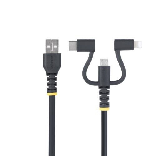 USB　2.0ケーブル　3-in-1　1m　ブラック　1本 黒いケーブルが斜めに配置されている様子、1mの長さが強調されている。