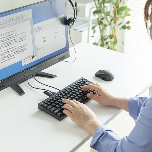 USBハブ付コンパクトキーボード(USB3.2ポート・USB2.0ポート付き)　テンキーなし　ブラック　1台 黒いコンパクトキーボードとUSBハブが並ぶ側面の様子
