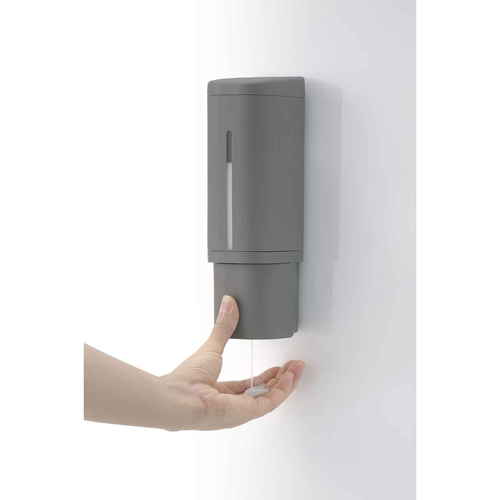 ディスペンサー　マグネット　下から出てくるディスペンサー　500ml　ホバー　ダークグレー シンプルなデザインの容器が斜め上から見える状態