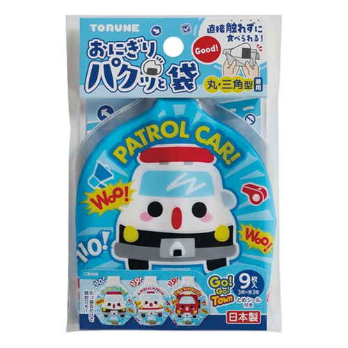 おにぎりパクッと袋　GoGoタウン パッケージの上部が開いている様子と中身がちらりと見える状態