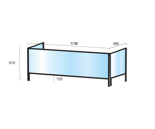 ブラックパーテーションスタンド　三面　450×1100mm　（塩ビ仕様） 三つ折りのパーテーションが正面から見える状態で、トップ部分が平らに仕上げられている様子。