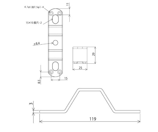 補助金具ステイ　黒　3mm×25mm×119mm 黒い金属製の補助金具が斜めに置かれ、表面の質感が際立っている様子