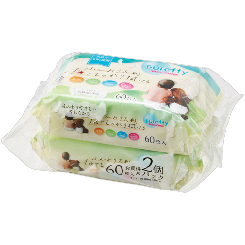 pureffyﾌﾝﾜﾘ大判1枚でしっかりふけるおしりふき 1ﾊﾟｯｸ(120枚:60枚×2個)画像