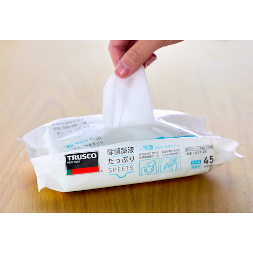 ＴＲＵＳＣＯ 除菌薬液たっぷりシート４５枚 白い横長パッケージに緑のラベルと中央に白いプラスチック製フリップ蓋がある状態