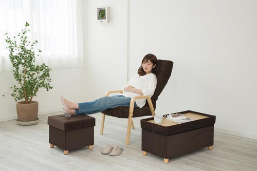 脚付き収納スツール ワイド ブラウン 角度を変えた横からの視点で、脚付きの横長な収納スペースが見える状態。