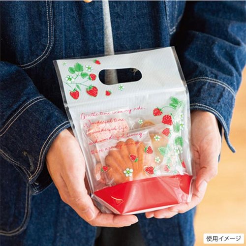 チャック付き袋 いちごジップ付バッグ-XS(30枚) ヘッズ 透明なジップ付き袋が並び、いちごのデザインが目を引く状態