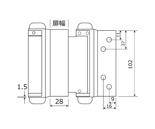 自由丁番　102mm　2個入 パッケージの側面が見える状態で、丁番が二つ並んでいる。
