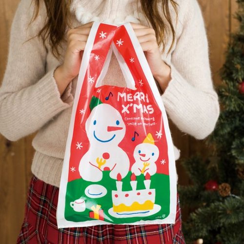 レジ袋 スノーマンレジバッグ-M(100枚) ヘッズ 白地にスノーマンのデザインが描かれたパッケージが見える状態