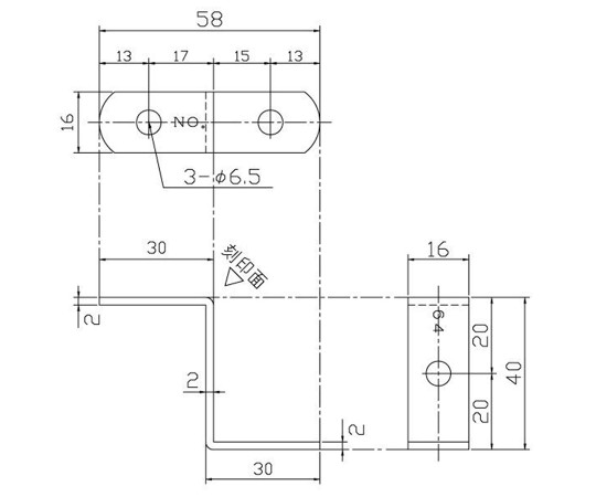 補助金具ステイ　クローム　2mm×16mm×58mm 光沢のあるクローム仕上げの金具が横向きに配置された状態
