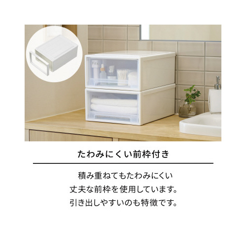 フィッツケース 奥行45cmー幅45cm L WC 透明な収納ケースが整然と並んでいる様子