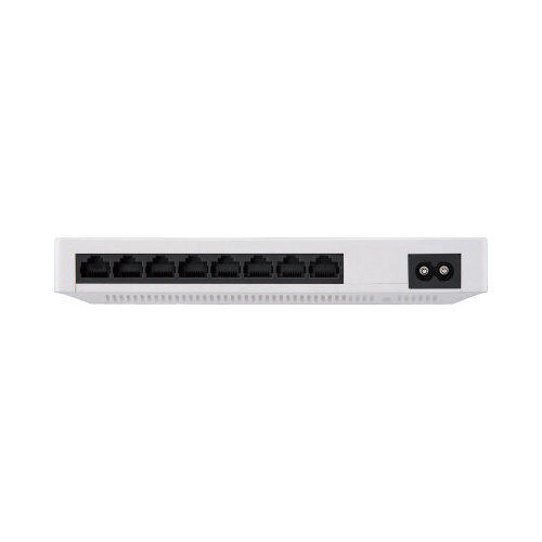 スイッチングハブ10/100M・プラ 8ポート×3 側面にポートが並んだ製品がテーブルに置かれた様子