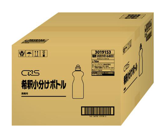 希釈小分けボトル　600mL×16本入 パッケージが横向きで重ねられた状態、透明なボトルが並んでいる様子。