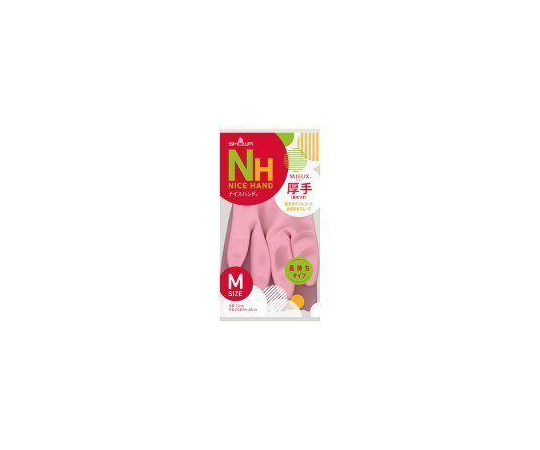 ナイスハンドミュー　厚手　M　ピンク　10双 淡いピンク色の厚手の手袋が整然と重なっている様子